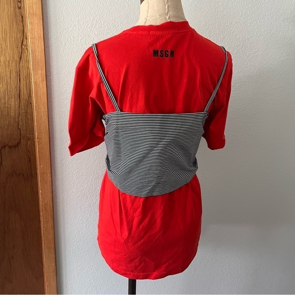 MSGM sz S Red Short Sleeve Tshirt w/ Detachable Bow Tie Tank Top Striped - Picture 3 of 8